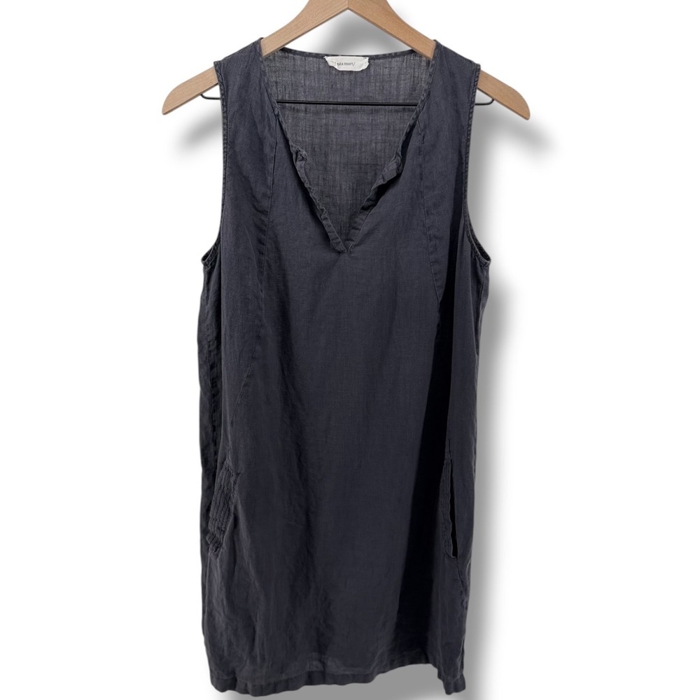 Sita Murt Linen Shift Dress Women 38 Gray V-Neck Sleeveless Pockets Lagenlook